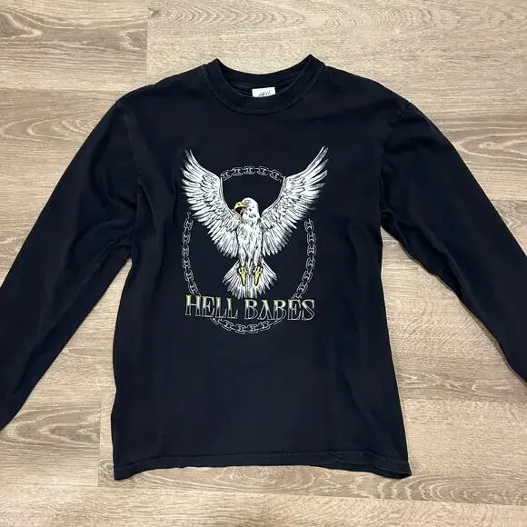 Hell Babes Graphic Long Sleeve Eagle Chain Print Top Black Medium89 - Picture 12 of 15